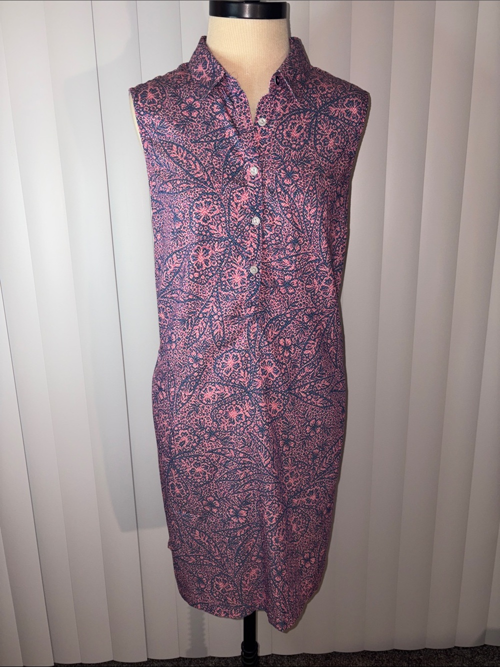 Columbia PFG Sleeveless Collared Shirt Dress XL Pink Navy Paisley Floral Sun